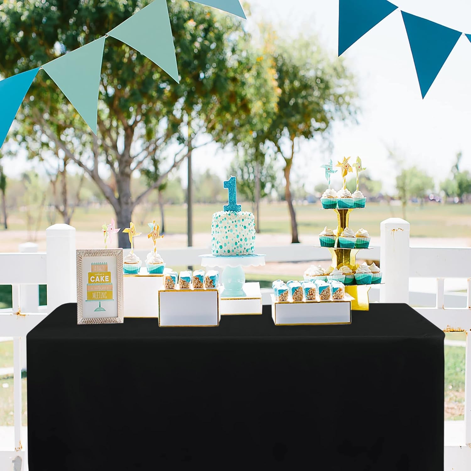 Black Tablecloth Fitted for 6Ft Rectangle Table - Water Resistant Polyester Table Cover for Indoor/Outdoor Use, 72X30 Inches