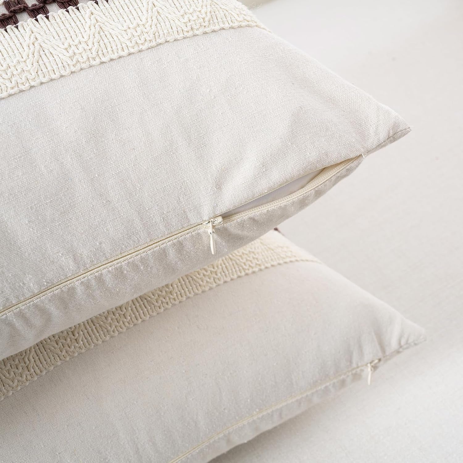 Set of 2 Boho Brown Decorative Throw Pillow Cover 18X18 Inch for Couch Bed Sofa, Aesthetic Modern Organic Farmhouse Home Decor, Soft Cotton Cute Accent Macrame Woven Cushion Case