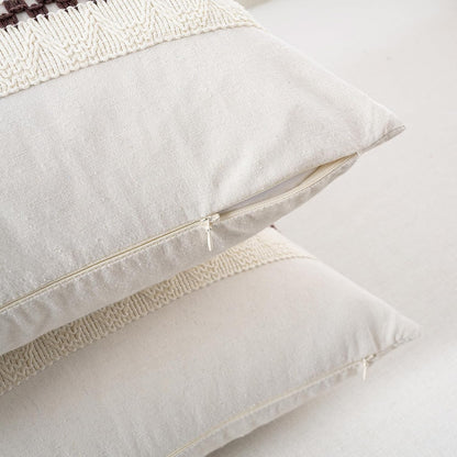 Set of 2 Boho Brown Decorative Throw Pillow Cover 18X18 Inch for Couch Bed Sofa, Aesthetic Modern Organic Farmhouse Home Decor, Soft Cotton Cute Accent Macrame Woven Cushion Case