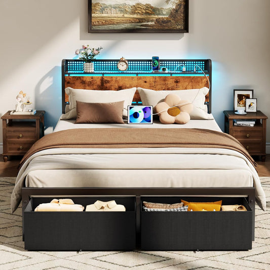 Queen Size Platform Bed Frame with Headboard, Integrated Storage Drawers, Charging Station, LED Lighting, No Box Spring Required, Noise-Free Design