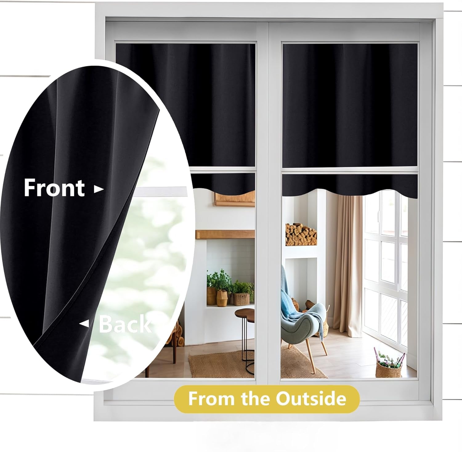 Black Valances for Windows, Small Blackout Curtains for Kitchen Bedroom Living Room, Rod Pocket Privacy Modern Solid Short Window Treatment Valance Bathroom Panels, 60" Wx14 L,1 Piece