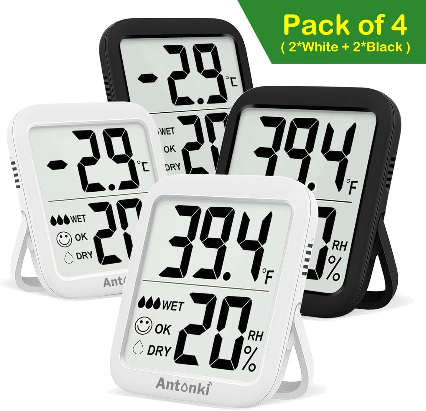 Pack of 4  Room Thermometer Indoor Hygrometer, Humidity Gauge, Humidity Meter, Digital Temperature and Humidity Monitors for Home, Baby Room, Terrarium, Incubator - 4 Pack (2 White+2 Black)