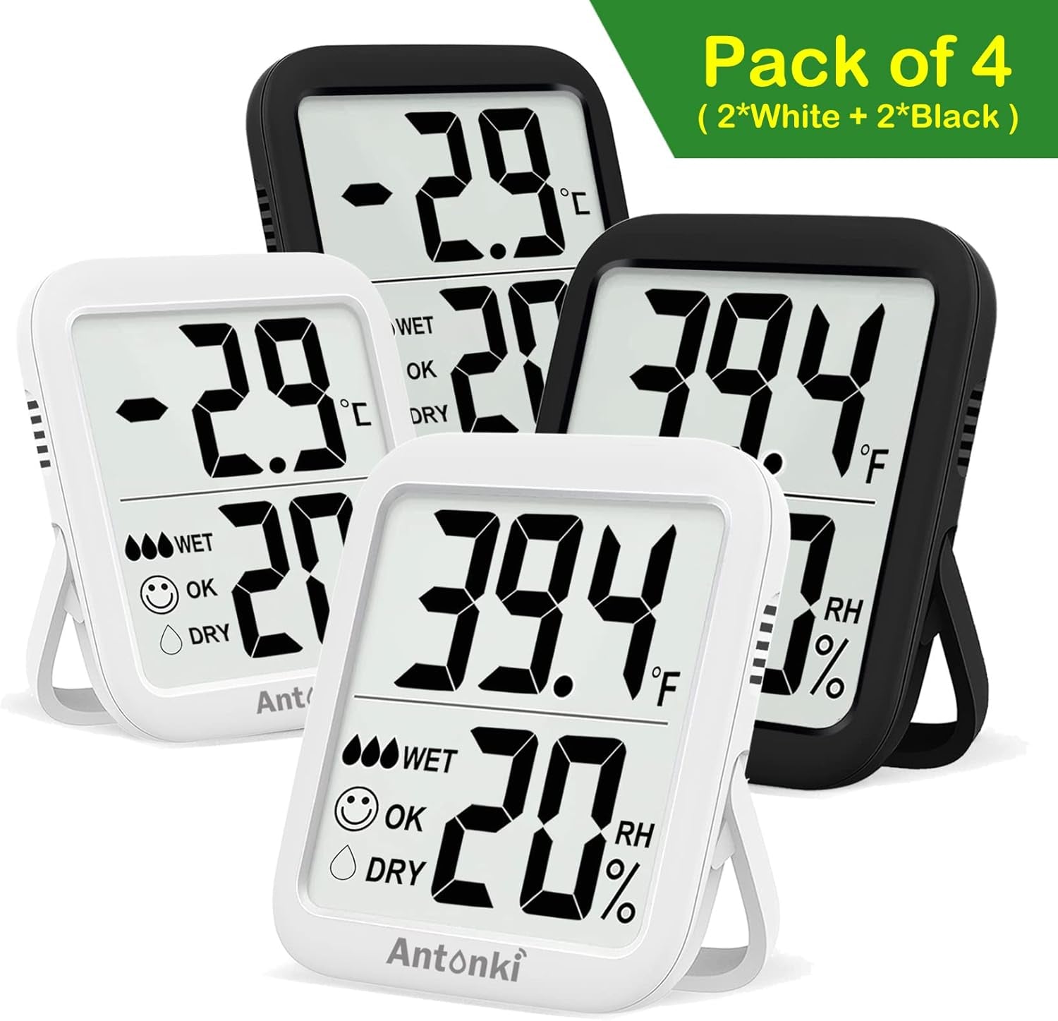 Pack of 4  Room Thermometer Indoor Hygrometer, Humidity Gauge, Humidity Meter, Digital Temperature and Humidity Monitors for Home, Baby Room, Terrarium, Incubator - 4 Pack (2 White+2 Black)