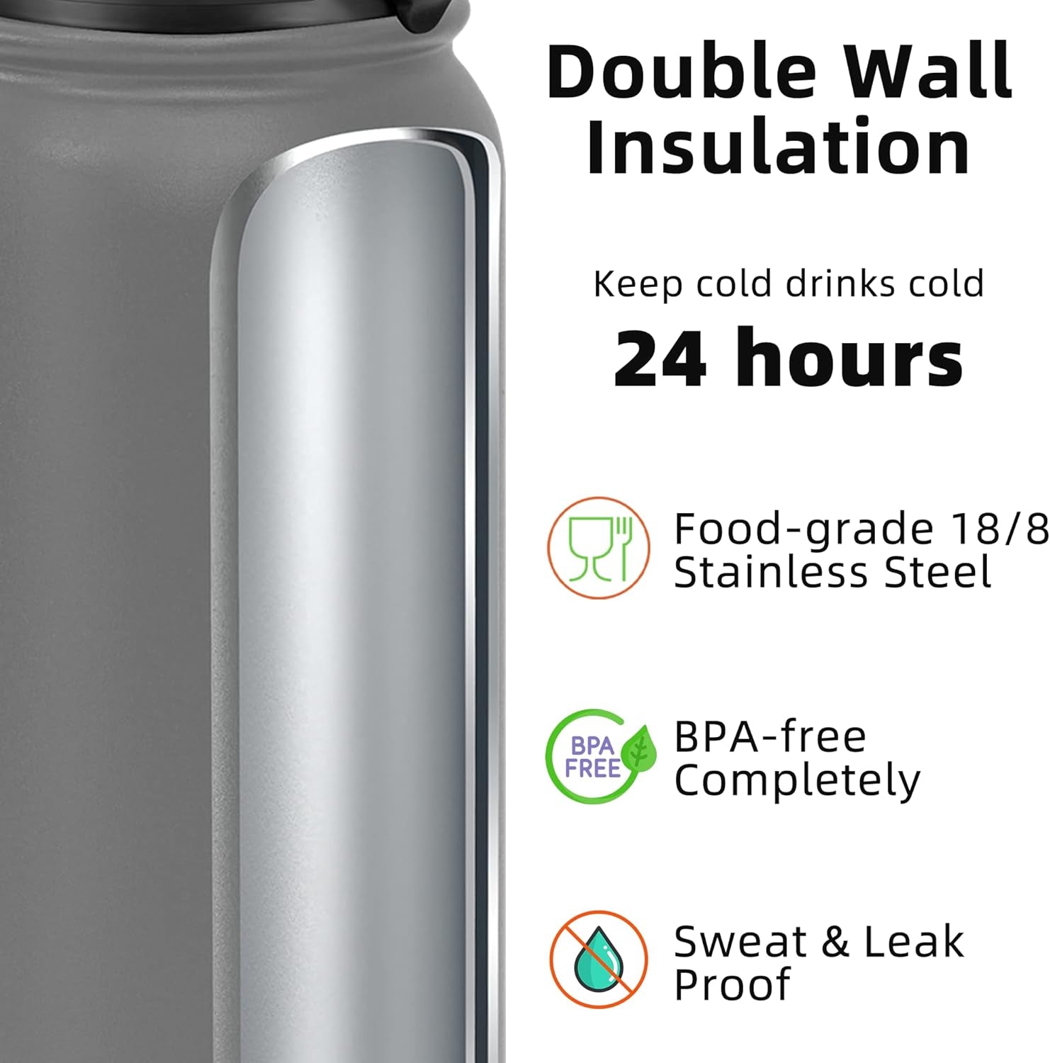 20 Oz Insulated Stainless Steel Vacuum Water Bottle with Anti-Dust Pop-Open Lid - for Kids, Women, Men | Leak & Sweat Proof (Gray)