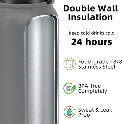 20 Oz Insulated Stainless Steel Vacuum Water Bottle with Anti-Dust Pop-Open Lid - for Kids, Women, Men | Leak & Sweat Proof (Gray)