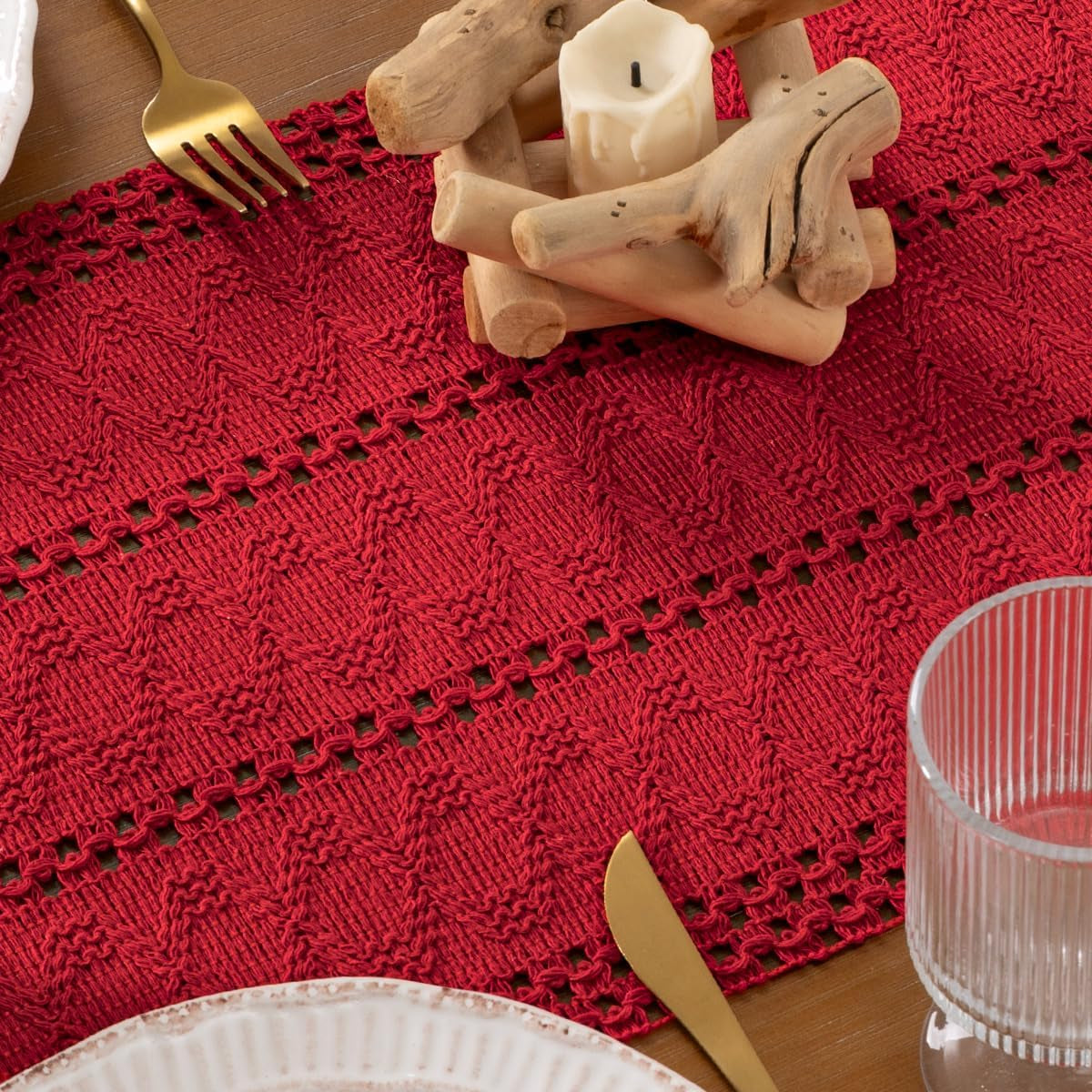 Boho Macrame Table Runner Fall Farmhouse Woven Small Table Runner with Tassels 36 Inches Red Cotton Linen Kitchen Table Centerpiece for Dining Dresser Home Tea Table Decor