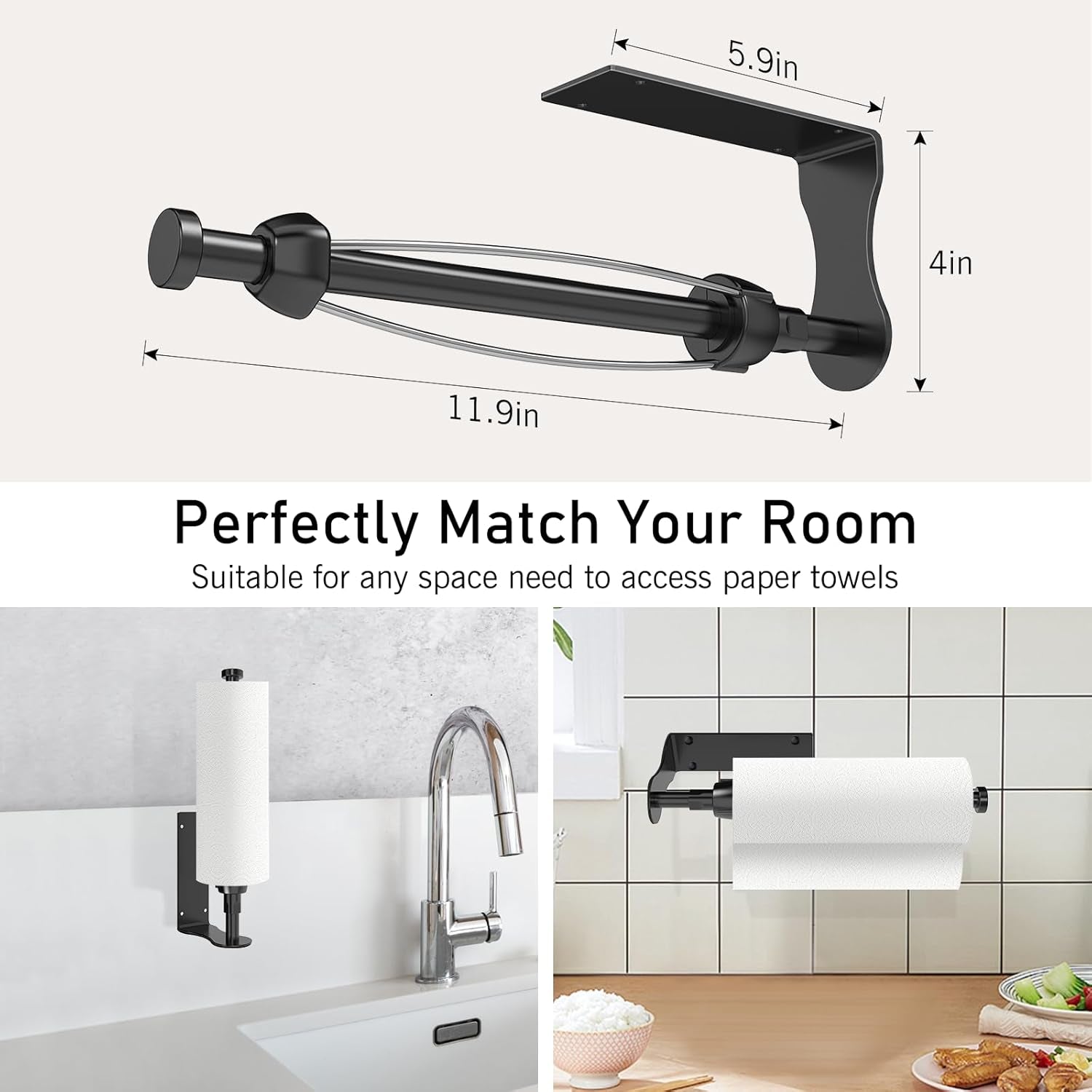 Paper Towel Holder, Single Hand Operable Paper Towel Holder under Cabinet with Adjustable Damper, Easy Tear, Wall Mount, Self-Adhesive or Drilled for Kitchen Bathroom, Black