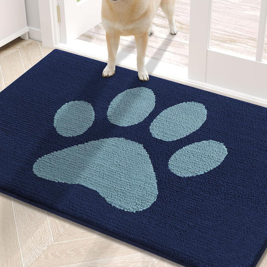 Dog Door Mat for Muddy Paws, Absorbent Dirt Trapper Washable Indoor Doormats, Non Slip Low-Profile Mud Mat for Dogs, Front Entrance Doormat for inside Floor (30X20 Inches, Dark Blue)