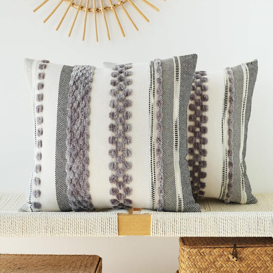 Pack of 2 Boho Throw Pillow Covers Accent Striped Pillowcovers Farmhouse Decorative Cushion Case Home Decor 18 X 18 Inch Grey