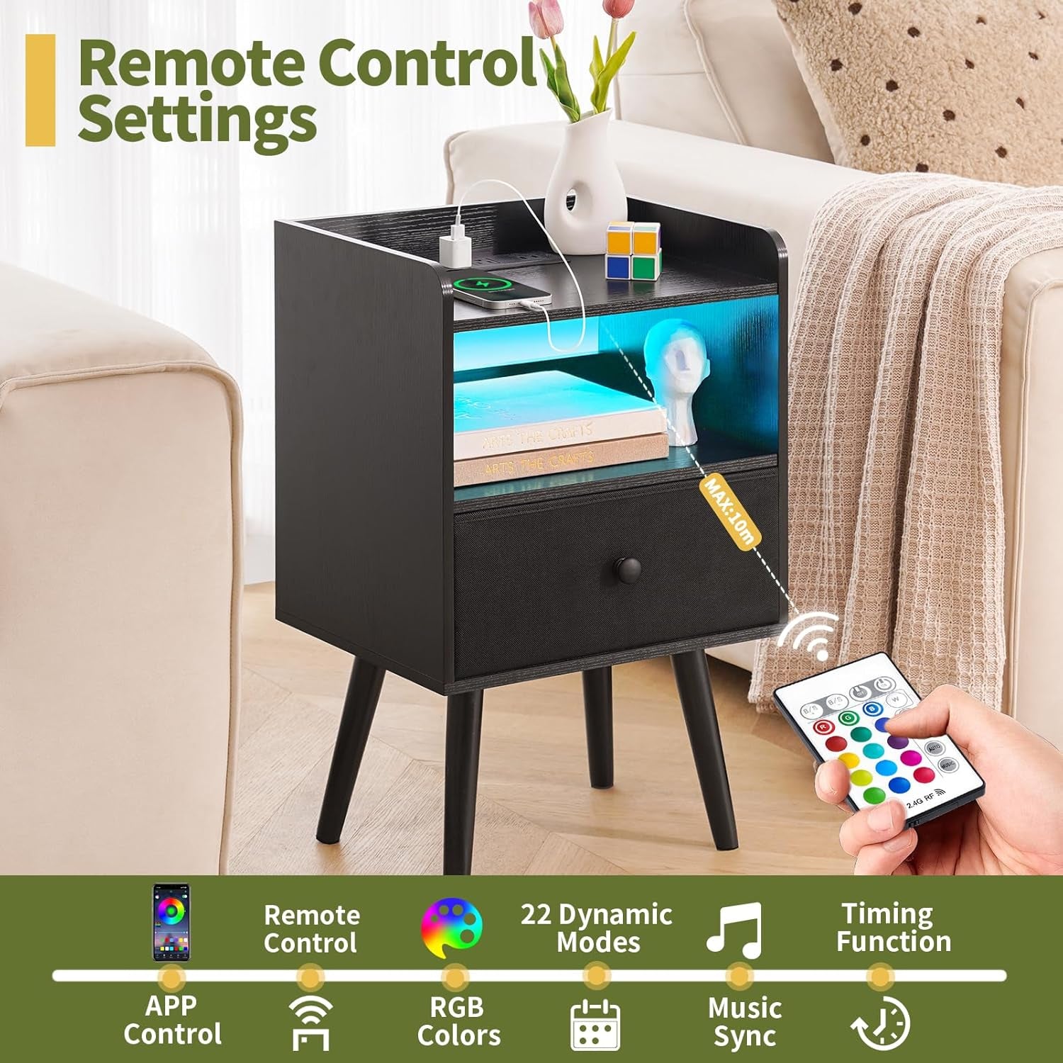 Nightstand with Charging Station, Modern Night Stand with LED Lights, Wood Nightstands with Fabric Drawer & Storage Shelf, Night Stands Bedside Table with USB Ports for Bedroom, Office, Home