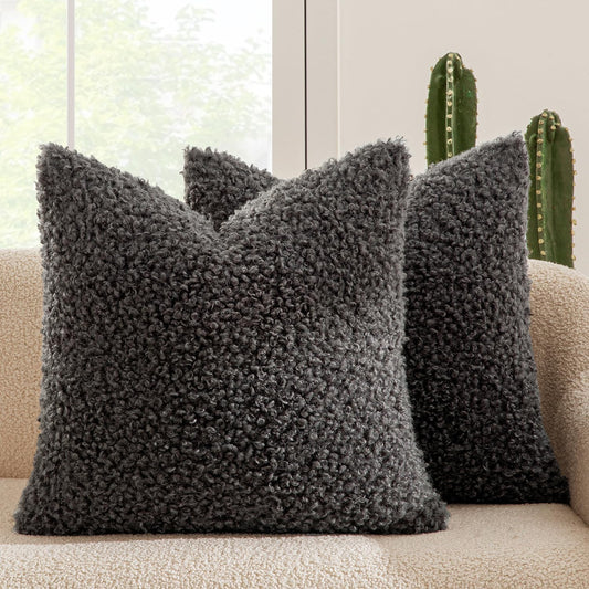 Pack of 2 Throw Pillow Covers 18X18 Inch Dark Gray Faux Fur Decorative Sherpa Pillow Covers Fuzzy Accent Soft Sheepskin Fleece Cushion Cases for Boho Home Decor Couch Living Room Bed