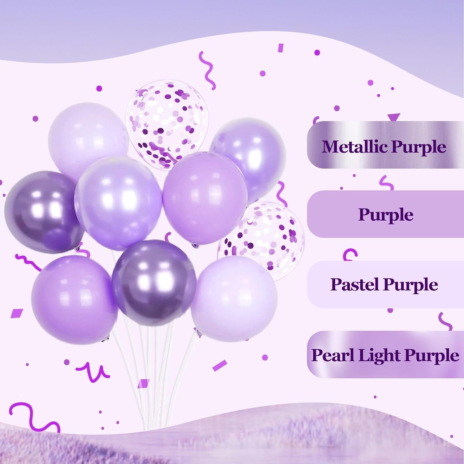 60Pcs Lavender Balloons 12Inch, Light Purple Balloons with Pastel Metallic Pearl Purple Confetti Balloons for Birthday Baby Shower Wedding Bridal Shower Party Decorations