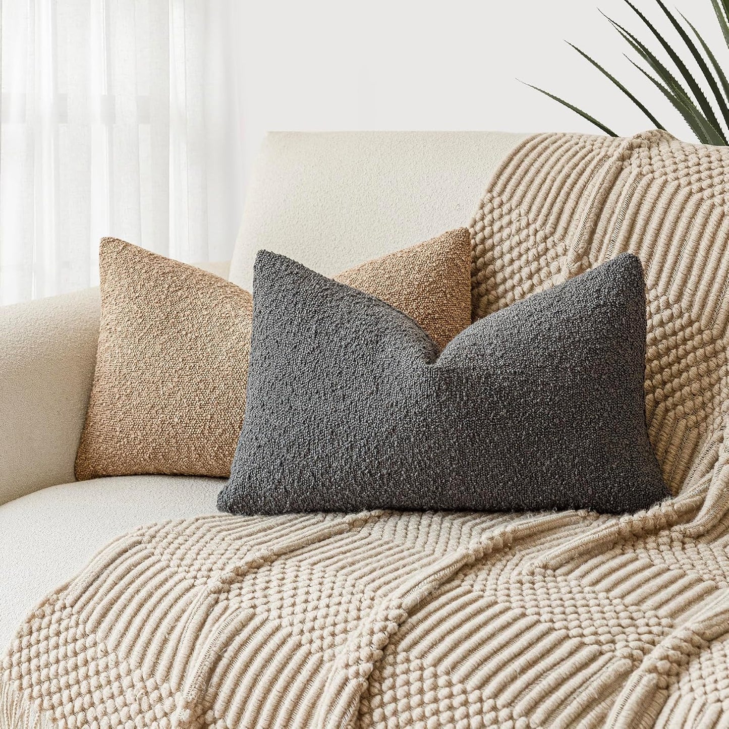 Textured Boucle Throw Pillow Covers Accent Solid Lumbar Pillow Cases Cozy Soft Decorative Couch Cushion Case for Chair Sofa Bedroom Living Room Home Decor, 12 X 20 Inch,Dark Grey