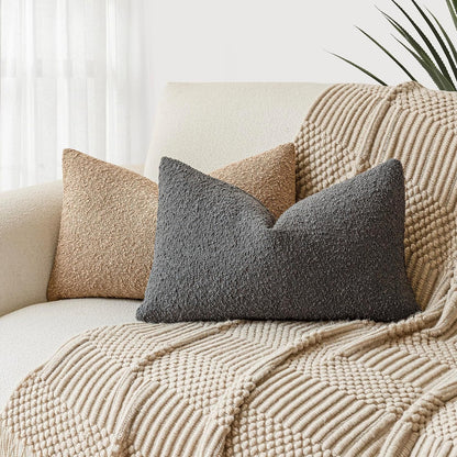 Textured Boucle Throw Pillow Covers Accent Solid Lumbar Pillow Cases Cozy Soft Decorative Couch Cushion Case for Chair Sofa Bedroom Living Room Home Decor, 12 X 20 Inch,Dark Grey