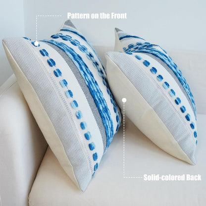 Pack of 2 Boho Throw Pillow Covers Accent Striped Pillowcovers Farmhouse Decorative Cushion Case Home Decor 18 X 18 Inch Blue