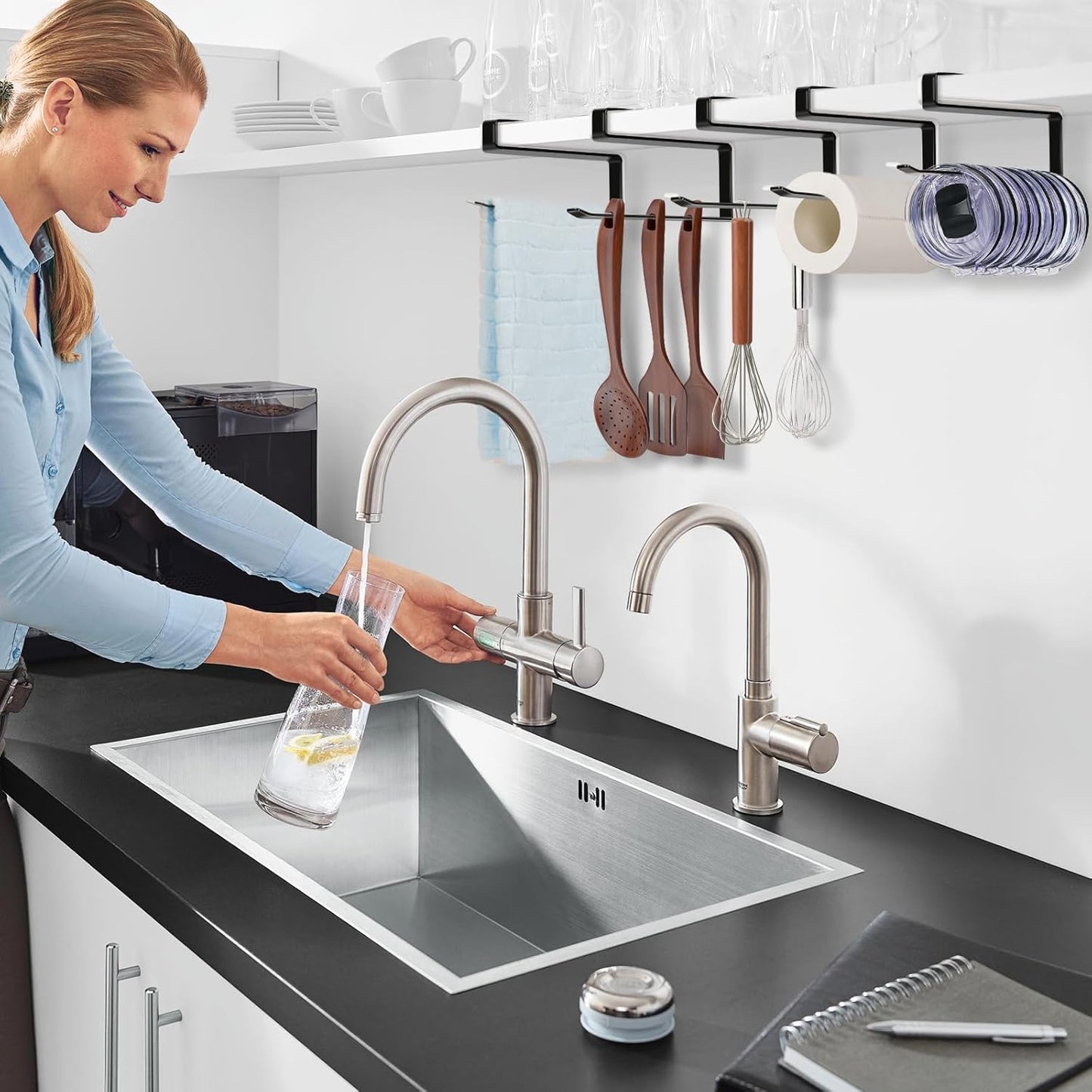 Tumbler Lid Organizer, Horizontal Tumbler Lid Storage Hook up to 10 Lids, Space Saving Cup Lid Holders under Cabinet Tumbler Lid Hook for Kitchen Organizer and Storage,Hanging Paper Towel Rack Hanger