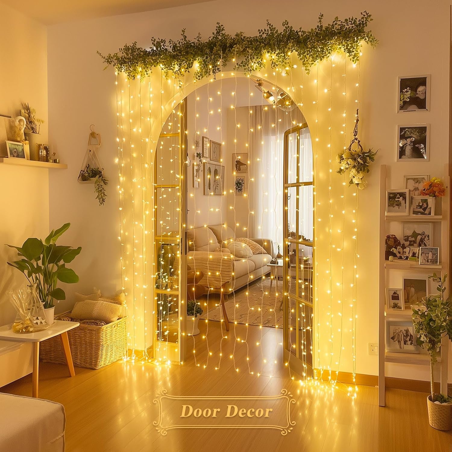 200 LED Curtain Lights Battery Operated & USB Plug In, 8 Modes Hanging String Lights Indoor with Remote, Warm White Twinkle Curtain Lights for Bedroom Backdrop Classroom Wedding Party Decor