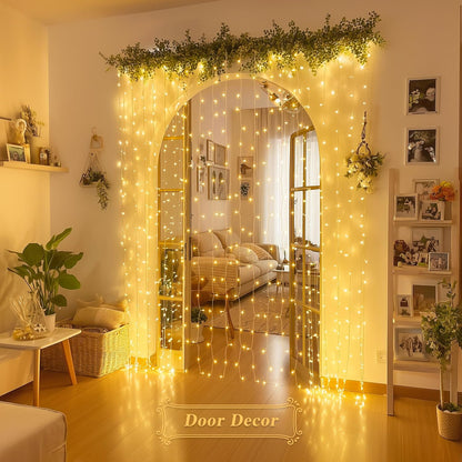 200 LED Curtain Lights Battery Operated & USB Plug In, 8 Modes Hanging String Lights Indoor with Remote, Warm White Twinkle Curtain Lights for Bedroom Backdrop Classroom Wedding Party Decor
