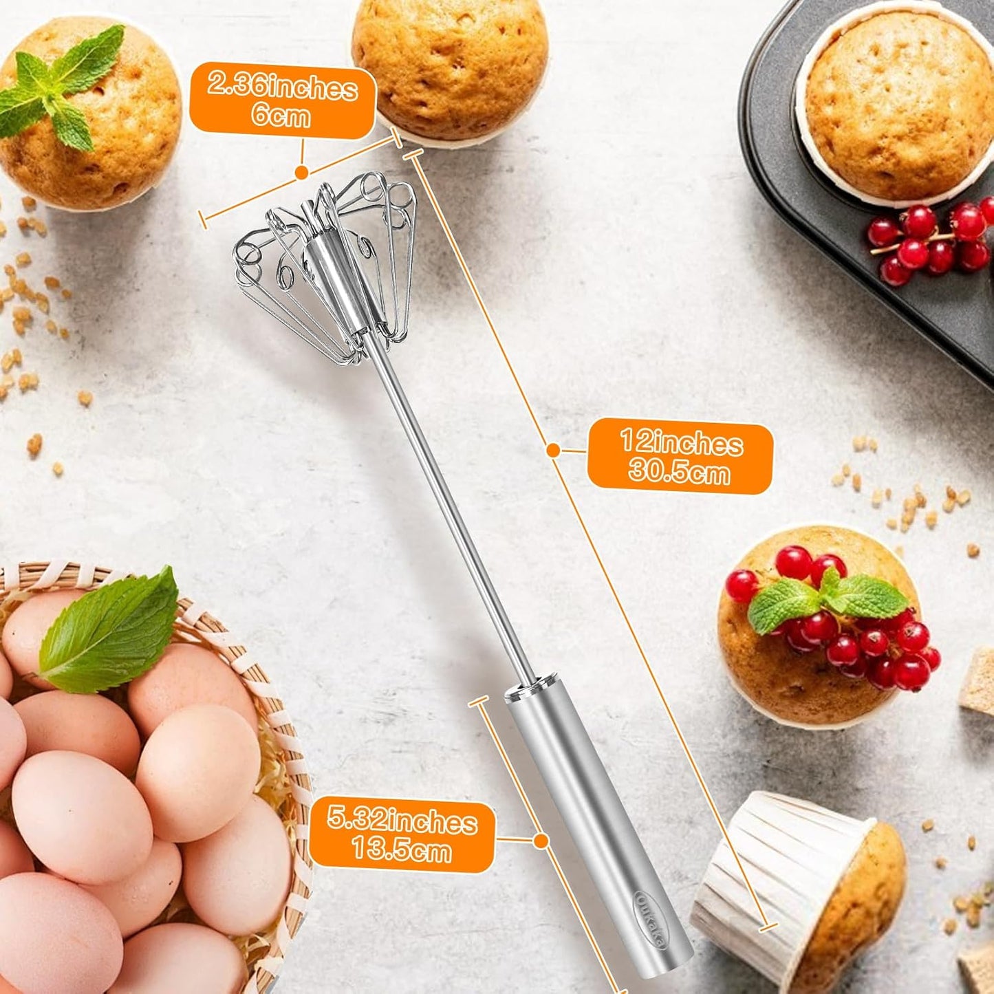 Hand Mixer Egg Beater,Stainless Steel Semi Automatic Whisk,Egg Spinner,Wisking Tool,Whipped Cream Dispenser,Easy Whisks for Cooking,Beating&Stirring(12In)