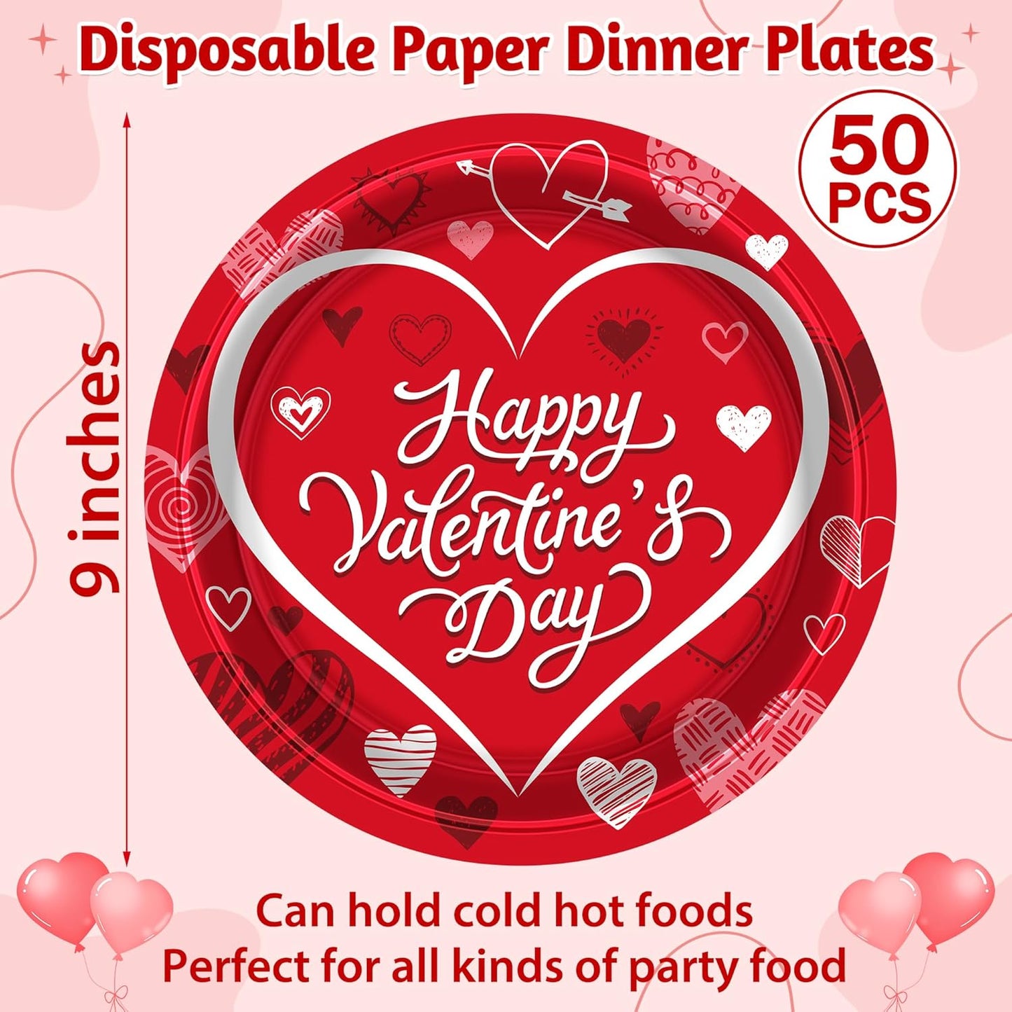 50 PCS Valentines Paper Plates, 9-Inch round Heart Plates, Happy Valentines Day Design Red Heart Plates Heart Disposable Plates, Heart Decorations for Party Wedding Birthday Anniversary