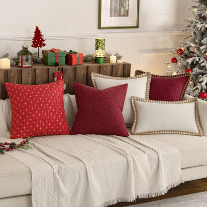 Pack of 2 Christmas Decorative Burlap Linen Throw Pillow Covers Modern Farmhouse Pillowcase Rustic Woven Textured Cushion Cover for Sofa Couch Bed 18X18 Inch Christmas Red
