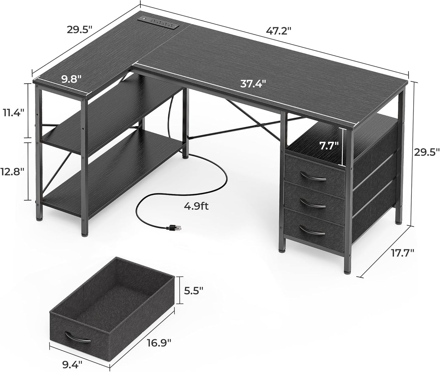 L-Shaped Office Desk with Power Outlets, 47-Inch Computer Desk featuring 3 Drawers and Shelves for Gaming, Home Office, and Study in Black