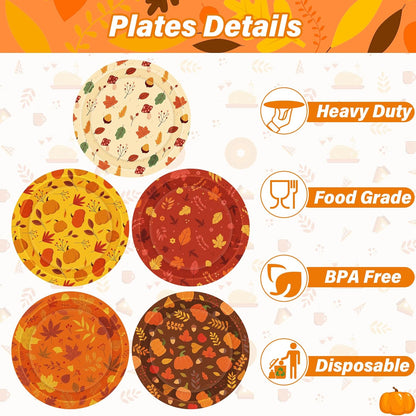 50 PCS Thanksgiving Paper Plates, 9" Disposable Thanksgiving Plates, 5 Styles Fall Party Tableware with Maple Leaves Pumpkins, Harvest Party Plates for Autumn Dinnerware Party Supplies