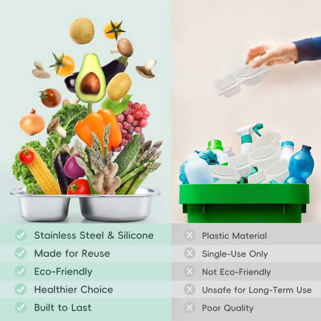 2 Pack Stainless Steel 2-Compartment Small Snack Containers with Lids, Reusable Snack Pack Containers, Lunch Box Accessories,Double Compartment Salad Dressing Containers to Go, 5.3Oz