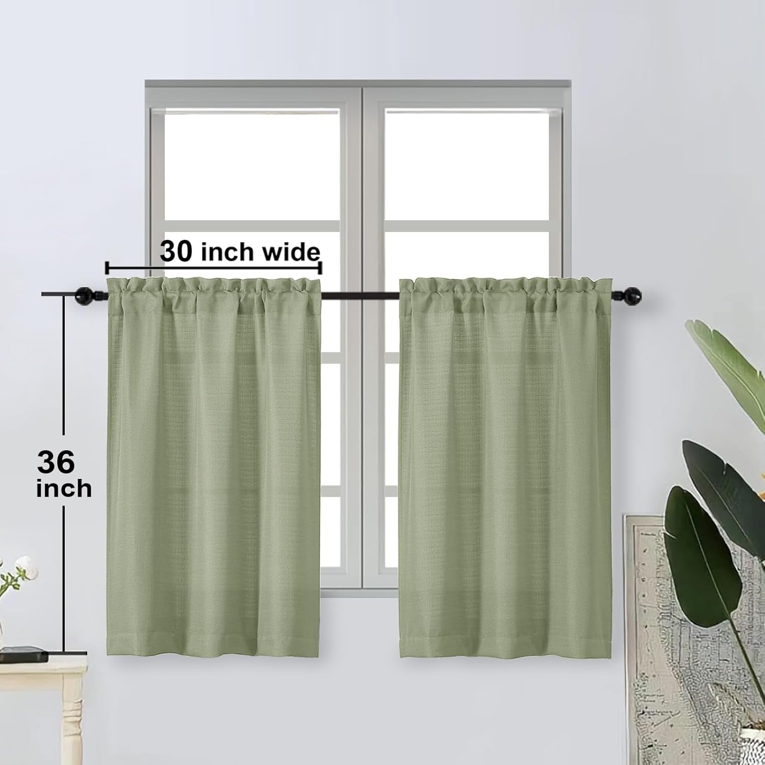 Bob 2 Panels Sage Green Kitchen Curtains Sets for Windows 36 Inch Length, Faux Linen Textured Short Cafe Curtains Tiers for Kitchen, Rod Pocket Small Window Drapes for Bathroom, 30Wx36L Inch