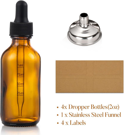 2 Oz Dark Amber Glass Dropper Bottles with Measurement Dropper, 4 Pack- 60Ml Thick Tincture Bottles with Measured Eye Dropper, Leakproof Essential Oils Bottles for Health, Personal Care & Beauty