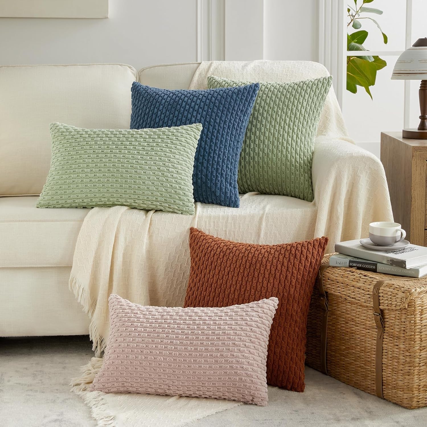 2 Packs Dusty Blue Decorative Throw Pillow Covers 12X20 Inch for Couch Bed Sofa, Modern Farmhouse Boho Home Decor, Soft Cute Plush Corduroy Cushion Case 30X50 CM