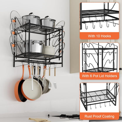 17 Inch Pot Rack Wall Mounted, 2 Tier Pots and Pans Organizer with 10 Hooks and 6 Pot Lid Holders, Heavy Duty Steel Pot and Pan Hanger for Kitchen Cookware Utensils Storage 24" Lx13 Wx20.5 H