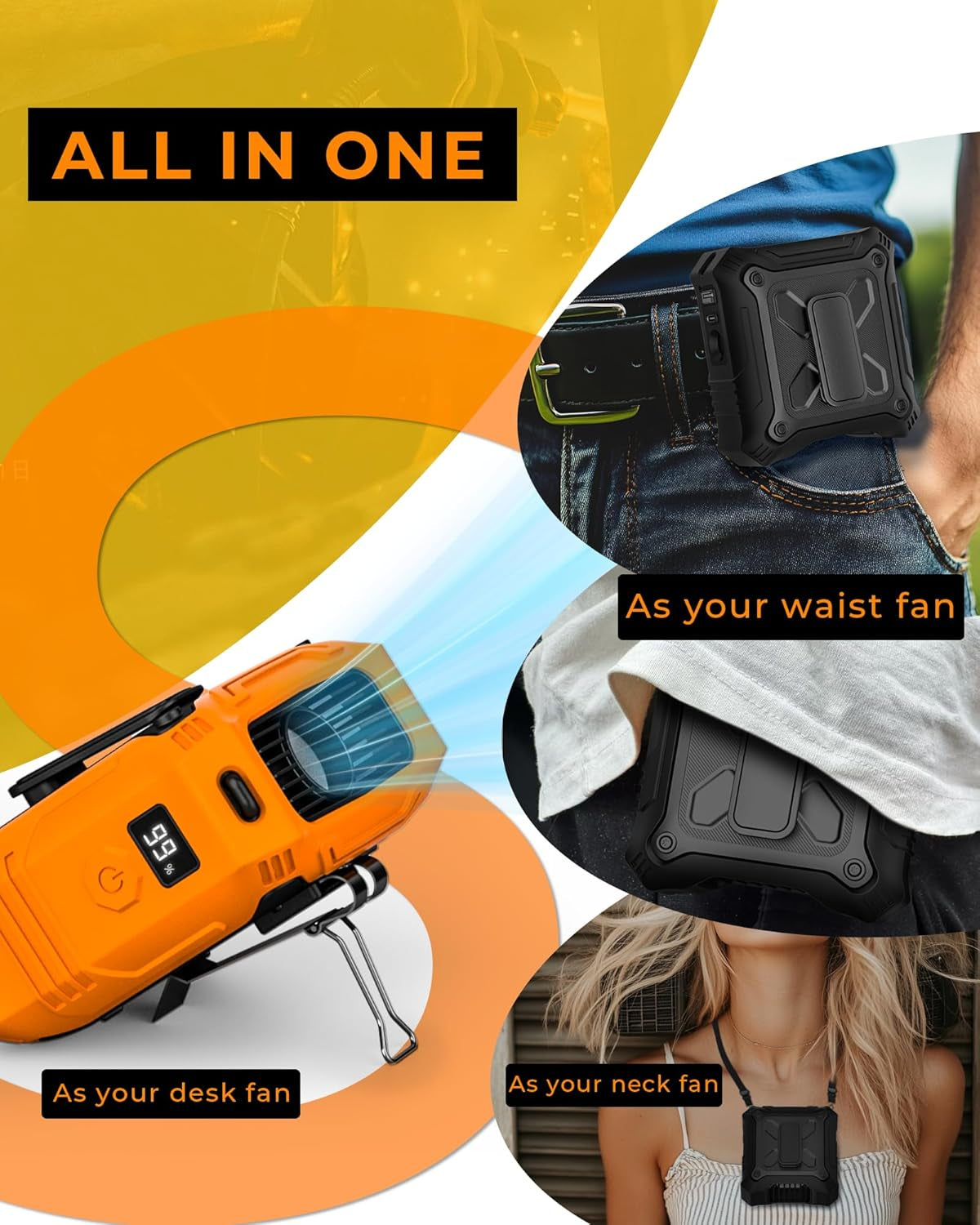 Portable Fan with 5-Speed Settings, Dual-Sided Clip on Wearable Belt Waist Fan for 8000Mah, 2 Settings Including Flashlight,Travel Essential for Outdoor Camping as Power Bank