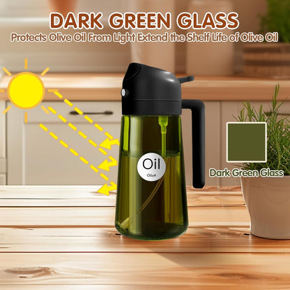 16Oz/470Ml Light-Blocking Dark Oil Sprayer for Cooking, 2 in 1 Olive Oil Dispenser Bottle for Kitchen, Premium Dark Green Glass Oil Bottle, Food-Grade Oil Mister for Air Fryer, BBQ (Black)