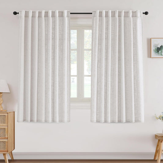 Linen Curtains 63 Inch Length 2 Panels Set, Semi Sheer Light Filtering Curtain Back Tab, Rod Pocket Pinch Pleated Farmhouse Drapes for Living Room, 52X63 Natural White with Brownish Linen