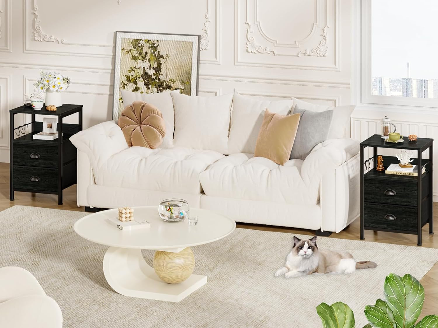 Nightstands Set 2, End Tables with 2 Fabric Drawers, Bedside Tables with Hooks and Shelf, Side Tables for Bedroom/Living Room/Study/Black Oak