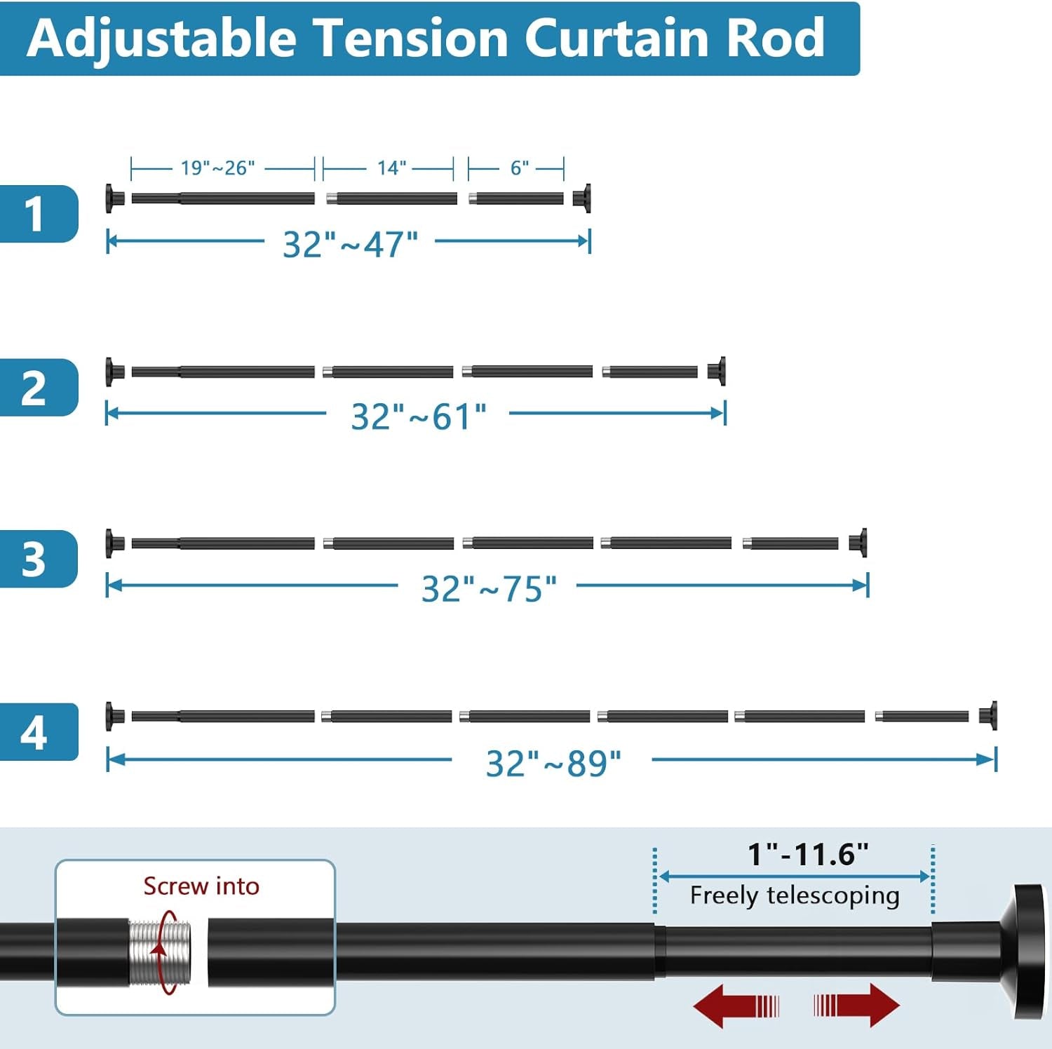 Adjustable Non-Slip Stainless Steel Tension Curtain Rod, 32-75 Inches, Rust-Resistant Telescoping Design for Bathroom, Kitchen, Dorm, RV - No Drilling Required, Easy Installation, Black
