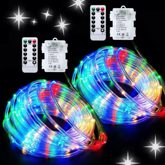2 Pack Battery Operated String Lights Outdoor Waterproof Total 200LED 8 Modes Battery Powered Rope Lights with Remote for Trampoline Camping Canopy Tent Christmas Decor (Multicolor)