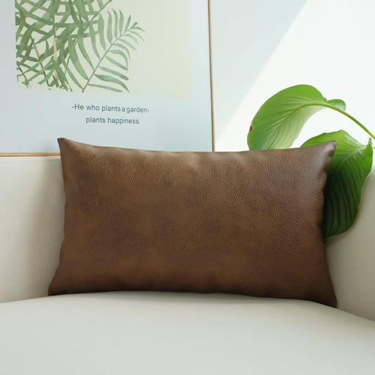 Modern Leather Throw Pillow Cover for Couch Sofa Bed 100% Faux Leather Dark Brown 12" X 20"