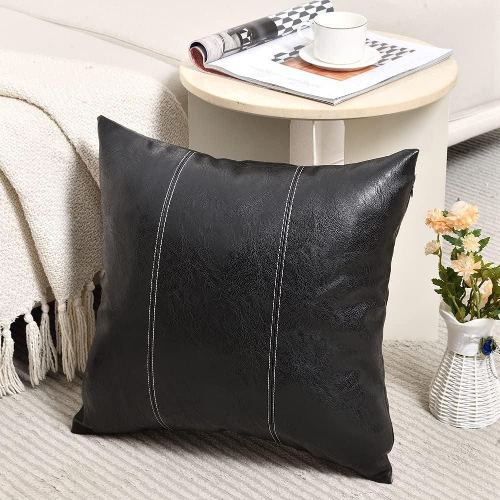 2 Packs Black Boho Faux Leather Decorative Throw Pillow Covers 16X16 Inch for Living Room Couch Bed Sofa, Rustic Modern Farmhouse Home Decor, Hand Stitched Square Cushion Case 40X40 Cm