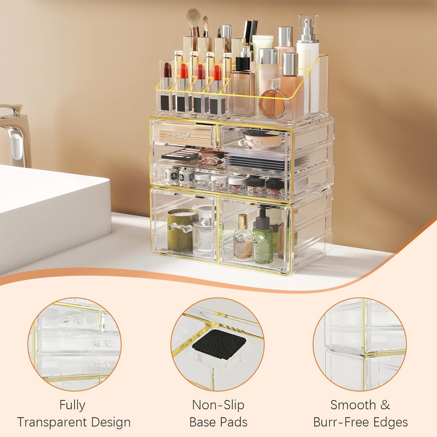 Makeup Organizer Countertop, Bathroom Organizers and Storage for Dresser, Vanity, No Install, Ideal for Large Skincare, Perfume, Present, Pink
