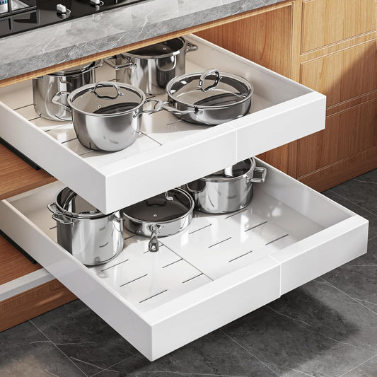 Expandable Pull-Out Cabinet Organizer Set - 21" Deep with Adjustable Width (12.05"-20.4") for Framed Cabinets, Featuring 3 Slide Rails and Adhesive Roll-Out Shelves - White Finish