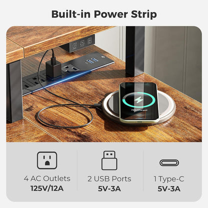 47-Inch Reversible L-Shaped Desk with LED Lighting and Power Outlets, Featuring Shelves, Monitor Stand, Drawer, and Rustic Brown Finish for Home Office and Gaming Use