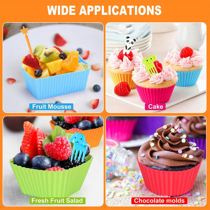 222 Pcs Silicone Lunch Box Dividers Set, Thicked Silicone Cupcake Liners for Baking, Reusable Lunch Bento Box Accessories with Animal Food Picks for Kids (20 Muffin Cups + 202 Food Picks)