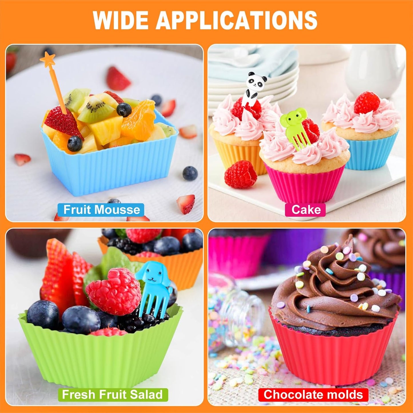 70 Pcs Silicone Lunch Box Dividers Set, Thicked Silicone Cupcake Liners for Baking, Reusable Lunch Bento Box Accessories with Animal Food Picks for Kids (20 Cupcake Cup + 50 Picks)