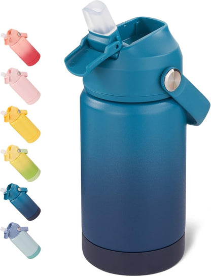 12 Oz Water Bottle, Kids Water Bottles for School, Toddler Water Bottle with Straw & Handle, 304 Stainless Steel Insulated Water Bottle, Non-Slip Silicone Base, BPA Free, Gradient Blue