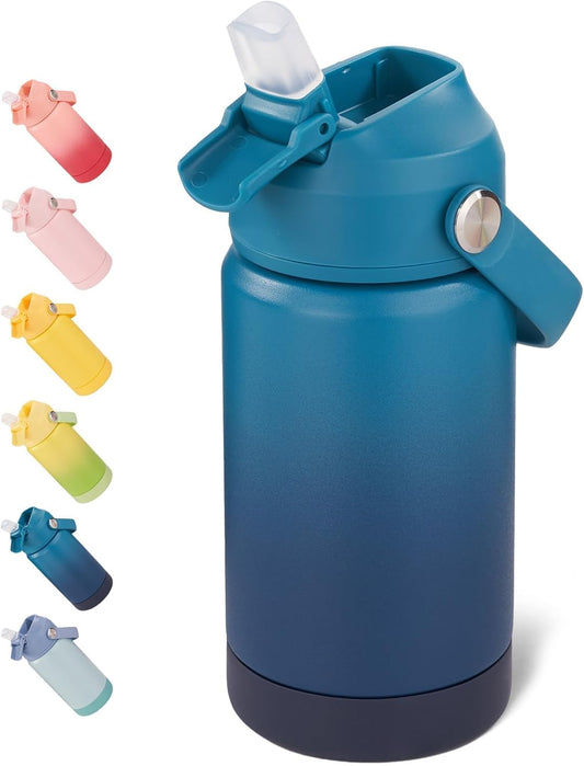 12 Oz Water Bottle, Kids Water Bottles for School, Toddler Water Bottle with Straw & Handle, 304 Stainless Steel Insulated Water Bottle, Non-Slip Silicone Base, BPA Free, Gradient Blue