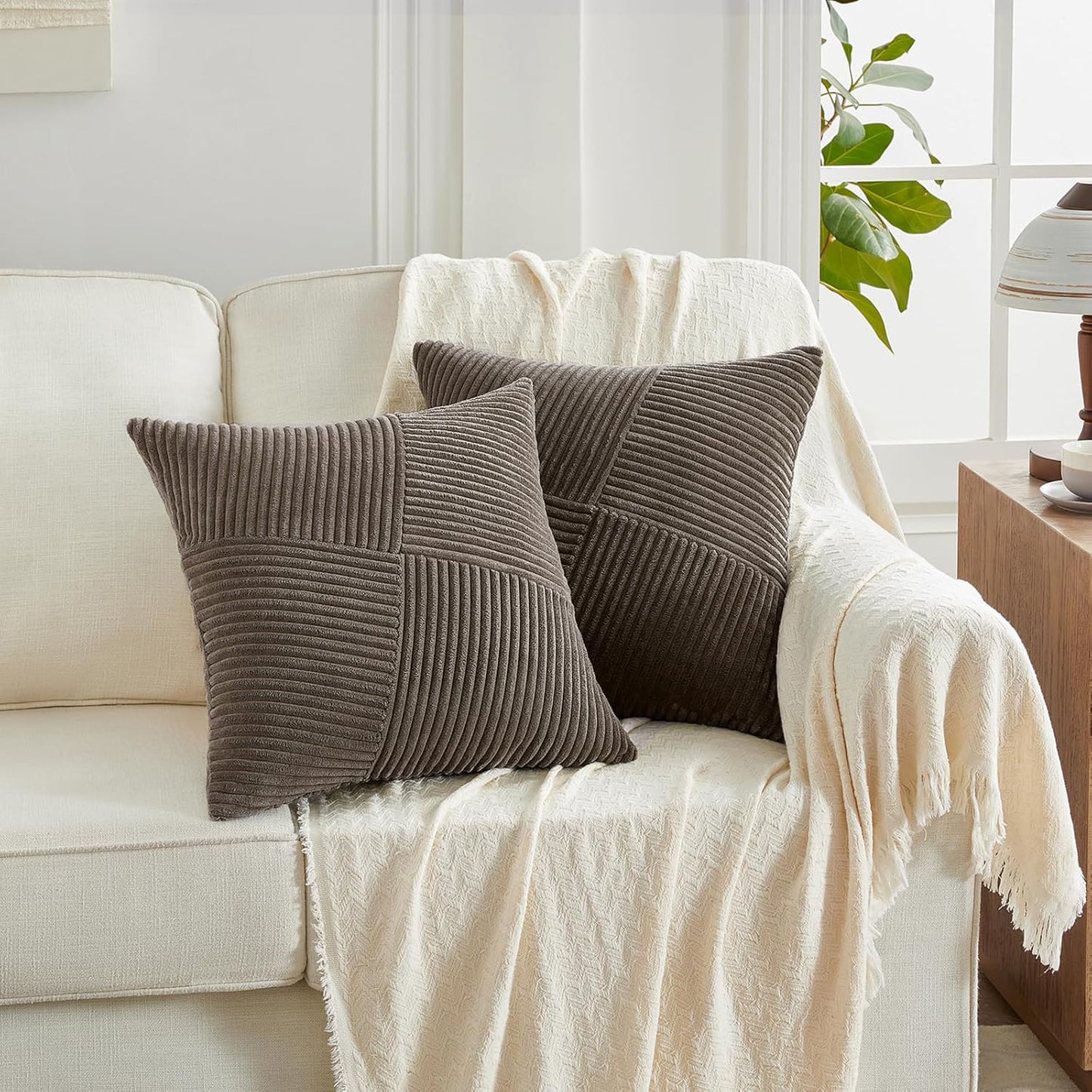 Set of 2 Dark Brown Boho Decorative Throw Pillow Covers 18X18 Inch with Diagonally Pattern for Living Room Couch Bed Sofa, Soft Textured Corduroy Aesthetic Farmhouse Home Decor 45X45 Cm