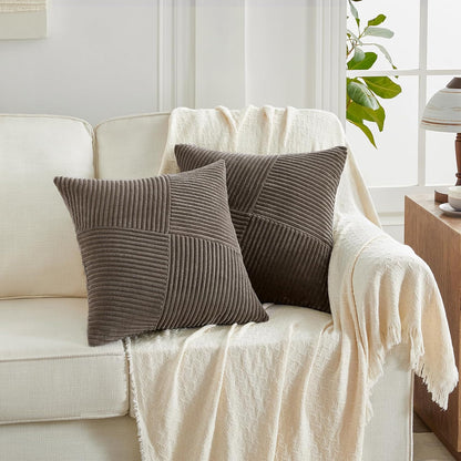 Set of 2 Dark Brown Boho Decorative Throw Pillow Covers 18X18 Inch with Diagonally Pattern for Living Room Couch Bed Sofa, Soft Textured Corduroy Aesthetic Farmhouse Home Decor 45X45 Cm