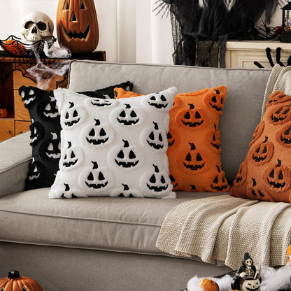 Fall Halloween Throw Pillow Covers 18X18 Decorative Pumpkin Pattern Pillowcases Soft Plush Faux Wool Cushions for Home Patio Sofa Couch,White
